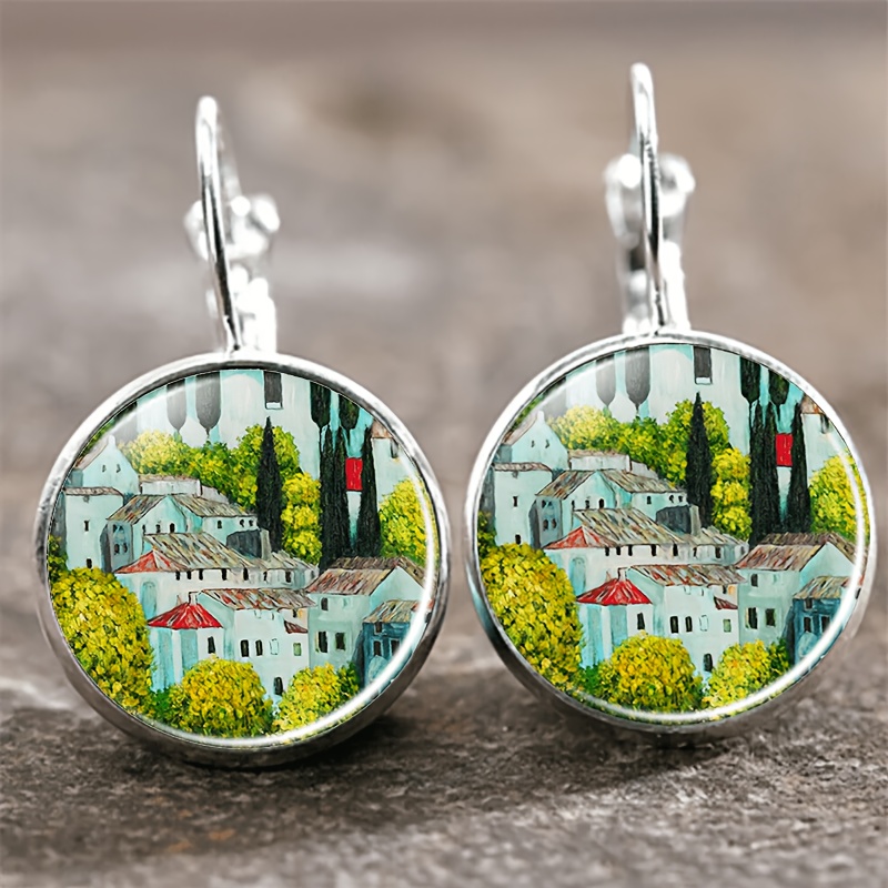 2pcs Set of Round Glass Inlaid Base Earrings, Exquisite White Design